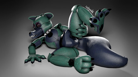 3_toes 4_fingers ambiguous_gender anthro black_pawpads blue_body claws collar fangs featureless_crotch feet fingers glistening glistening_body gradient_background green_body holding_leg looking_at_viewer lying lying_on_ground machine naughty_face on_ground on_side open_mouth pawpads presenting_crotch purple_eyelids raised_leg sharp_teeth simple_background smile smiling_at_viewer solo spiked_collar spikes tail teeth thick_tail thick_thighs toes zelyonka qutiix_(modeler) five_nights_at_freddy's scottgames fan_character sofy_lauren_foxlott animatronic canid canine fox mammal robot robot_anthro 16:9 3d_(artwork) 4k absurd_res digital_media_(artwork) full-length_portrait hi_res portrait source_filmmaker_(artwork) watermark widescreen female_(lore)