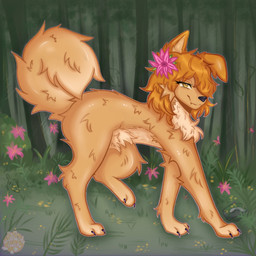 accessory cheek_tuft claws facial_tuft female feral finger_claws flower flower_in_hair fluffy fluffy_chest fluffy_ears fluffy_hair fluffy_tail fullcolor fur grass hair hair_accessory leaf leaves_of_grass neck_tuft petal_hair petals plant scut_tail short_hair short_tail smile smiley_face solo tail tan_body tan_fur toe_claws tree tuft yellow_body yellow_eyes yellow_fur wafflesita_(artist) alpha_and_omega kate_(alpha_and_omega) canid canine canis mammal wolf absurd_res digital_drawing_(artwork) digital_media_(artwork) digital_painting_(artwork) hi_res painting_(artwork)