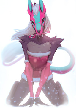 anthro arm_tuft armwear big_fangs black_sclera candy candy_cane candy_cane_in_mouth clothed clothing dessert fangs female food front_view fur green_eyes grey_body grey_fur hair kneeling long_hair looking_at_viewer mouth_closed red_armwear red_clothing shoulder_tuft simple_background snow snowing solo tail teeth tuft unsigned white_background white_hair shermugi species_request 2020 hi_res