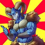 abs anthro arm_wraps blue_body claws gesture hand_gesture horn male muscular muscular_anthro muscular_male red_eyes solo thumbs_up vein wraps teba_motoko dragon_ball dragon_ball_super moro bovid caprine mammal planet_devourer 1:1