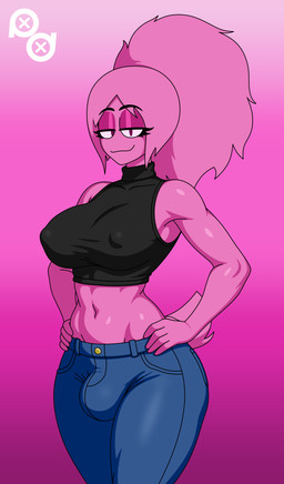 black_clothing black_shirt black_topwear blue_bottomwear blue_clothing blue_pants bottomwear bulge clothing denim denim_bottomwear denim_clothing gradient_background gynomorph hands_on_hips intersex jeans midriff nipple_outline pants pink_background pink_body pink_skin shirt simple_background sleeveless_shirt solo sweater topwear turtleneck puffle_dreemurr club_penguin puffle_lisa_(puffle_dreemurr) humanoid puffle absurd_res hi_res