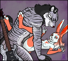 ambiguous_penetration anthro black_border black_hair black_nose black_stripes blue_body blue_eyes border braided_hair breasts claws countershading digitigrade duo electric_guitar eye_contact eyebrows facial_markings female female_penetrated from_front_position grin guitar hair head_markings interspecies legs_up looking_at_another looking_at_partner lying male male/female male_penetrating male_penetrating_female markings multicolored_body muscular muscular_male musical_instrument nipples nude on_back on_ground open_mouth penetration plucked_string_instrument sex sharp_teeth short_hair side_view simple_background smile string_instrument striped_body stripes tan_body tan_hair teeth toe_claws two_tone_body white_body lichfang felid lagomorph leporid mammal pantherine rabbit tiger 2019 hi_res