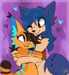 abstract_background anthro arm_tuft blep blue_eyes blue_hair blue_inner_ear_fluff blue_markings brown_hair cheek_tuft closed_smile duo elbow_tuft facial_tuft female fur glistening glistening_eyes hair hug inner_ear_fluff long_hair male markings mouth_closed nude one_eye_closed orange_body orange_fur shoulder_tuft smile striped_arms striped_markings striped_tail stripes tail tail_markings tan_body tan_fur tongue tongue_out tuft rose_puppies chevy_dahl enviousgrey canid felid feline lynx mammal hi_res