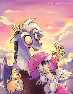 blush cloud cutie_mark duo feathered_wings feathers female feral hair horn male membrane_(anatomy) membranous_wings one_eye_closed open_mouth outside pink_hair princess purple_eyes royalty size_difference sky skyscape spread_wings sun tail wings wink young young_female young_feral suizilla friendship_is_magic hasbro my_little_pony mythology discord_(mlp) princess_celestia_(mlp) chimera draconequus equid equine mammal mythological_creature mythological_equine winged_unicorn hi_res