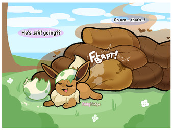ambiguous_gender birth border brown_body brown_fur dialogue egg eggshell excessive_feces eyes_closed fart feces feces_pile feral fur hatching_from_egg heart_symbol hyper hyper_feces looking_pleasured offscreen_character open_mouth open_smile outside pooping pooping_on_grass quadruped smelly smile solo sound_effects speech_bubble sploot text vowelless vowelless_sound_effect white_border young young_feral fairyfudge nintendo pokemon eevee generation_1_pokemon pokemon_(species) artist_name digital_media_(artwork) hi_res male_(lore)