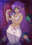 bed blue_eyes breasts brown_body brown_skin cleavage clothed clothing ear_piercing ear_ring female furniture hair humanoid_pointy_ears long_hair midriff navel not_furry pajamas piercing pillow plushie purple_hair ring_piercing smile solo thick_thighs wide_hips ninelean shantae_(series) wayforward bolo_(shantae) risky_boots rottytops shantae sky_(shantae) genie humanoid 2020 hi_res