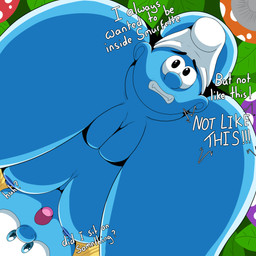 anal anal_vore anthro anus black_eyes blue_body blue_eyes breasts butt clothing duo female genitals hat headgear headwear male male/female nipples nude oblivious open_mouth teeth unwilling_prey vore vulva foxkai the_smurfs smurfette smurf absurd_res hi_res
