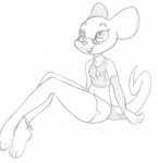 anklet anthro bald bottomwear breasts buckteeth clothing eyewear female fishnet_clothing glasses glowstick jewelry nipples shorts simple_background slim small_breasts smile solo tail teeth thick_tail smekbo olga_hulhova mammal mouse murid murine rodent monochrome sketch