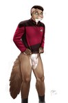 anthro balls bottomless clothed clothing embarrassed flaccid footwear foreskin genitals male penis simple_background socks solo starfleet uniform wardrobe_malfunction white_background conditional_dnp moodyferret star_trek commander_stryker mammal mink mustelid musteline true_musteline digital_media_(artwork) shaded