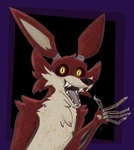 anthro fangs fur fur_tuft gesture glowing glowing_eyes looking_at_viewer machine male metal_claws open_mouth open_smile pointy_ears robotic robotic_arm robotic_hand robotic_reveal sharp_teeth simple_background smile solo teeth tuft waving waving_at_viewer yellow_eyes the_foxitect five_nights_at_freddy's scottgames foxy_(fnaf) animatronic canid canine fox mammal red_fox robot true_fox digital_drawing_(artwork) digital_media_(artwork) hi_res portrait