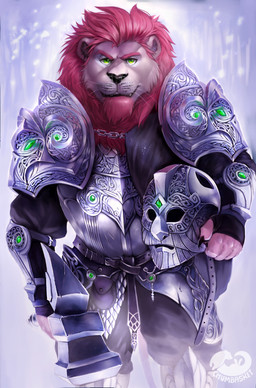 anthro armor beard black_nose clothed clothing facial_hair front_view glistening glistening_eyes green_eyes looking_at_viewer male male_anthro mane mouth_closed overweight overweight_anthro overweight_male red_beard red_facial_hair red_mane simple_background solo standing whiskers chumbasket felid lion mammal pantherine hi_res portrait three-quarter_portrait