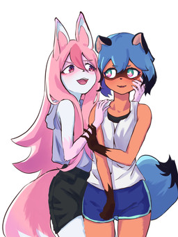 anthro blue_body blue_eyes blue_fur blue_hair blush bottomwear brown_body brown_fur clothed clothing dolphin_shorts duo female female/female fluffy fluffy_tail fur gloves_(marking) hair long_hair markings multicolored_body multicolored_fur pink_body pink_fur pink_hair shirt shorts tail tank_top topwear white_body white_fur rrkk brand_new_animal studio_trigger michiru_kagemori nazuna_hiwatashi canid canine fox mammal raccoon_dog tanuki 2020 3:4 hi_res portrait three-quarter_portrait
