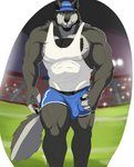 anthro blue_baseball_cap blue_bottomwear blue_clothing blue_shorts bottomwear bulge clothing detailed_bulge facial_hair football_field fur genital_outline grey_body grey_fur hat headgear headwear looking_at_viewer male muscular muscular_anthro muscular_arms muscular_legs muscular_male nipples pecs penis_outline pink_nipples shirt shorts solo tank_top text text_on_clothing text_on_hat text_on_headwear topwear translucent translucent_clothing whistle_(object) yellow_eyes zawn coach_mika canid canine canis mammal wolf 2020 english_text hi_res portrait signature three-quarter_portrait