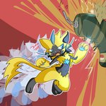 anthro blue_eyes boxing boxing_bag male paws punch punching_bag solo sport training yellow_body demon3sigma nintendo pokemon generation_7_pokemon legendary_pokemon pokemon_(species) zeraora 1:1 hi_res