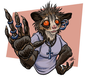 ankh anthro brown_body brown_fur claws clothed clothing ear_piercing female fur grey_body grey_fur jewelry necklace orange_eyes pawpads piercing ring solo ursula_vernon aye-aye lemur mammal primate strepsirrhine