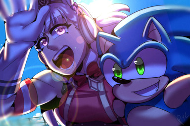 anthro black_nose blue_body blue_sky bow_ribbon clothing duo female green_eyes hair lens_flare male open_mouth open_smile pointy_ears red_clothing red_topwear sky smile teeth topwear white_hair yellow_eyes pyc.drawing cygames sega sonic_the_hedgehog_(series) uma_musume_pretty_derby gold_ship_(pretty_derby) sonic_the_hedgehog equid equine eulipotyphlan hedgehog human humanoid hybrid mammal crossover hi_res