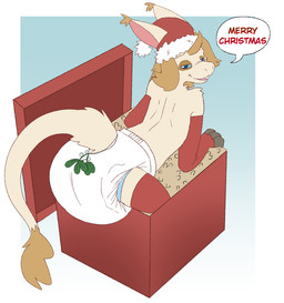 ageplay anthro armwear big_diaper christmas_clothing christmas_headwear clothed clothing diaper fur gradient_background hat headgear headwear holidays infantilism legwear looking_at_viewer male male_anthro narrowed_eyes open_mouth red_armwear red_clothing red_legwear roleplay santa_hat simple_background solo speech_bubble tail tail_tuft tan_body tan_fur teeth text tuft wearing_diaper white_diaper hardscales christmas species_request english_text hi_res