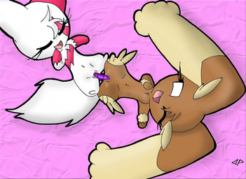 anthro chibi dildo double_dildo female female/female genitals happy happy_sex sex sex_toy smile toony vaginal vulva neronova nintendo pokemon generation_3_pokemon generation_4_pokemon lopunny pokemon_(species) zangoose
