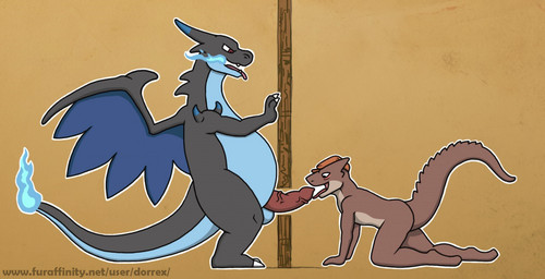 anthro balls black_body black_skin blue_body blue_skin claws clothing duo erection flat_cap genitals glory_hole hat headgear headwear horn interspecies licking male male/male membrane_(anatomy) membranous_wings nude open_mouth oral penis simple_background text tongue tongue_out wings dorrex nintendo pokemon generation_6_pokemon lizard mega_charizard mega_charizard_x mega_evolution pokemon_(species) reptile scalie url