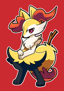 3_fingers 3_toes ambiguous_gender anthro arm_tuft black_body black_fur cheek_tuft chest_tuft dipstick_tail facial_tuft feet fingers fur hands_together inner_ear_fluff looking_at_viewer markings orange_body orange_eyes orange_fur orange_nose outline red_background semi-anthro shoulder_tuft simple_background solo standing stick tail tail_markings toes tuft white_body white_fur yellow_body nurajirou nintendo pokemon braixen canid canine fox generation_6_pokemon mammal pokemon_(species) hi_res