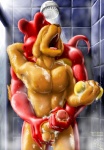 anthro balls biceps bodily_fluids claws cum duo erection eyes_closed from_behind_position fur genital_fluids genitals handjob interspecies male male/male muscular nipples nude penile penis penis_towards_viewer precum reach_around red_body red_scales scales sex shower shower_head soap sponge tail teeth water yellow_body yellow_fur riproarrex mike_(rrrex) rexar_(rrrex) bird_dog canid canine canis dinosaur domestic_dog hunting_dog mammal prehistoric_species reptile scalie spaniel theropod tyrannosaurid tyrannosauroid tyrannosaurus tyrannosaurus_rex hi_res