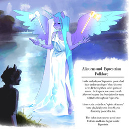 anthro axe blue_hair bracelet clothing dress duo female hair horn jewelry lake long_hair lore necklace text water white_clothing white_dress wings aztrial hasbro my_little_pony mythology fan_character earth_pony equid equine horse mammal mythological_creature mythological_equine pony winged_unicorn 1:1 english_text