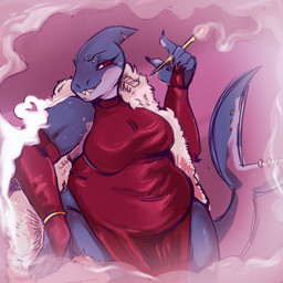 5_fingers anthro armwear barbell_piercing belly biceps big_breasts black_eyebrows black_fingernails black_nails blue_body blue_skin blue_tail blush blush_lines bracelet breasts bridal_gauntlets cigarette cigarette_holder clothing colored_nails dress eyebrow_barbell eyebrow_piercing eyebrows eyelashes facial_piercing feather_boa female female_anthro fin fin_piercing fin_ring fingernails fingers furgonomics furry-specific_piercing gold_(metal) gold_bracelet gold_jewelry grey_body grey_skin grey_tail head_fin jewelry looking_at_viewer multicolored_body multicolored_skin nails navel_outline notched_fin overweight overweight_anthro overweight_female piercing pink_background pupils red_armwear red_bridal_gauntlets red_clothing red_dress red_eyes sharp_teeth simple_background smoke smoking snout solo tail tail_fin teeth thick_thighs two_tone_body two_tone_skin two_tone_tail wide_hips currentlytr_ash fish marine shark 1:1 2025 hi_res