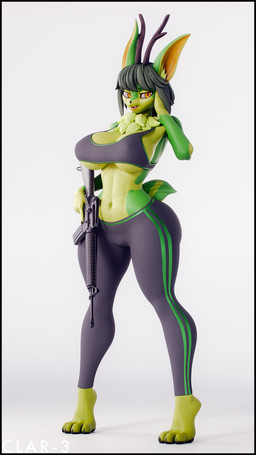 anthro antlers assault_rifle bangs bare_shoulders big_breasts black_bottomwear black_clothing black_hair black_pants blunt_bangs bottomwear bra breasts cleavage clothed clothing digitigrade fangs female fur green_body green_fur gun hair holding_gun holding_object holding_ranged_weapon holding_rifle holding_weapon horn leggings legwear long_ears navel navel_line open_mouth orange_eyes pants ranged_weapon rifle scut_tail short_hair short_tail sidelocks simple_background small_waist smile solo sports_bra standing tail teeth thick_thighs under_boob underwear weapon white_background wide_hipped_anthro wide_hipped_female wide_hips yoga_pants thenicedragon valorlynz_(modeler) natsu_(natsu_o3o) deer mammal 3d_(artwork) 9:16 digital_media_(artwork) full-length_portrait hi_res portrait watermark
