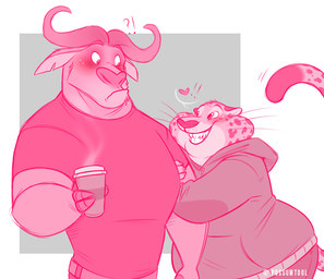 anthro anthro_on_anthro belt beverage blush bottomwear clothing coffee countershading duo embarrassed eye_contact fur happy heart_symbol hoodie horn hug interrobang looking_at_another male male/male overweight pants shirt smile t-shirt teeth topwear whiskers possumtool disney zootopia benjamin_clawhauser chief_bogo bovid bovine cape_buffalo cheetah felid feline mammal unavailable_at_source