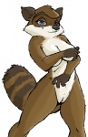 anthro anthrofied biped blue_eyes breasts covering covering_breasts covering_self crossgender female genitals looking_at_viewer mtf_crossgender pussy simple_background smile solo standing tail white_background winstar dreamworks over_the_hedge rj_(over_the_hedge) mammal procyonid raccoon