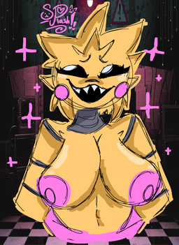 anthro areola beakless big_areola big_breasts blush breasts female fur machine pink_cheeks robotic sharp_teeth solo teeth yellow_body yellow_fur splashrollup five_nights_at_freddy's five_nights_at_freddy's_2 scottgames toy_chica_(fnaf) animatronic avian robot robot_anthro hi_res
