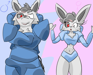 anthro disarmed female fur gender_transformation grey_body grey_fur machine male robotic_eyes shocked solo spacesuit transformation andetheslayer android canid canine canis mammal robot wolf absurd_res hi_res