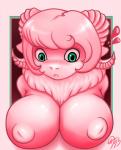 anthro big_breasts border breasts exclamation_point female green_eyes hair horn huge_breasts nipples outside_border pink_hair red_background simple_background solo white_border rearhwhitetail bovid caprine domestic_sheep mammal sheep absurd_res bust_portrait hi_res portrait