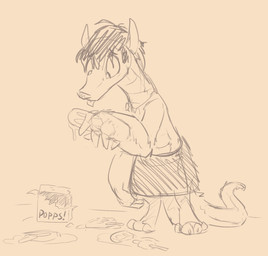 anthro big_hands blep bottomwear claws clothing food hair kilt popsicle solo standing tail tongue tongue_out animancer greggory canid canine crocodile crocodilian fox hybrid mammal reptile scalie hi_res sketch