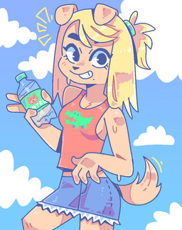 anthro blonde_hair bottle bottomwear breasts clothed clothing container denim denim_bottomwear denim_clothing denim_skirt female fur furgonomics hair markings mole_(marking) shirt side_boob skirt solo tail tail_through_skirt tan_body tan_fur tank_top topwear water_bottle y2k_(fashion) graskip canid canine canis domestic_dog mammal 2021 aliasing digital_media_(artwork)