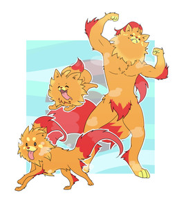 3_toes 5_fingers ambiguous_gender anthro biped crotch_tuft evolution feet feral fingers fire fluffy fluffy_tail fur group happy muscular muscular_anthro open_mouth orange_body orange_fur quadruped red_body red_fur smile tail toes tongue tongue_out trio tuft ariesartist game_freak nintendo pokemon pokemon_winds_and_waves canid canine generation_10_pokemon mammal pokemon_(species) pombon 2026 hi_res
