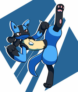 ambiguous_gender anthro blue_body blue_ears blue_fur blue_thighs chest_spike feet flexible fur hand_spike high_kick hindpaw kick on_one_leg pawpads paws pose red_eyes simple_background snout solo spikes spikes_(anatomy) splits spread_legs spreading standing tail milocatto nintendo pokemon generation_4_pokemon lucario pokemon_(species) hi_res