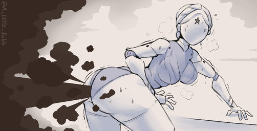 big_butt black_smoke bodily_fluids breasts brown_fart_cloud butt clothing cloud exhaust exhaust_smoke faceless_character faceless_female fart fart_cloud female grey_clothing grey_leotard hair hyper hyper_fart leaning leotard machine motion_lines pollution simple_background smoke solo sweat sweat_clouds sweaty_arms sweaty_butt text twitter_handle white_background jubb atomic_heart left_(atomic_heart) android humanoid robot robot_humanoid 2023 artist_name