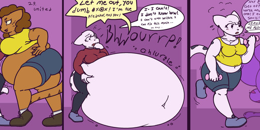 after_vore anthro belly big_belly breasts brown_body brown_fur clothing digestion duo fatal_vore female fur huge_belly overweight profanity purple_background purple_body shirt simple_background speech_bubble text topwear vore yellow_clothing yellow_shirt yellow_topwear axlwisp domestic_cat felid feline felis ghost mammal spirit 2017 absurd_res english_text hi_res