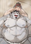 2022 absurd_res anthro belly big_belly blush bodily_fluids canid canine canis duo eyes_closed grey_body groping_from_behind hi_res human human_on_anthro interspecies kemono kotobuki male male/male mammal moob_grab moobs navel nipples obese obese_male overweight overweight_male sauna steam sweat tamacolle towel wolf yamato_(tamacolle)