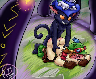 anthro big_butt black_body black_fur butt clothing doggystyle duo forest from_behind_position fur gloves handwear hat headgear headwear male male/male nude penetration plant sex tan_body tan_fur tree raccon_candy league_of_legends riot_games tencent teemo_(lol) veigar yordle
