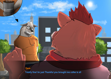 anthro blue_bottomwear blue_clothing blue_pants bodily_fluids bottomwear brown_body brown_fur building clothed clothing cloud coffee_cup container cup detailed_background duo eye_contact fully_clothed fur gesture grey_body grey_fur hand_gesture header holding_coffee_cup holding_container holding_cup holding_object hoodie looking_at_another male nervous nervous_smile nervous_sweat orange_clothing orange_hoodie orange_topwear outside pants pink_clothing pink_shirt pink_topwear plant pointing pointing_at_another rear_view red_scarf scarf shirt sky sleeveless_shirt standing sweat text text_header topwear tree window pawhan3 password_(visual_novel) dave_(password) roswell_(password) hyena mammal striped_hyena suid suine sus_(pig) wild_boar 2020 english_text hi_res