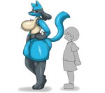 anthro biped black_body blue_body breasts clothing duo featureless_breasts female male red_eyes side_view simple_background smile tan_body white_background enigi09 nintendo pokemon generation_4_pokemon human lucario mammal pokemon_(species) hi_res