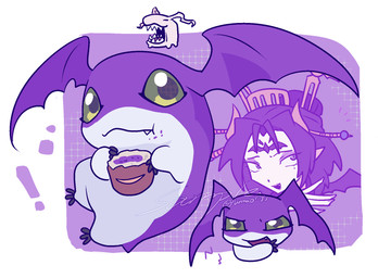 cute_fangs fangs female feral green_eyes grin grinning_at_viewer head_wings looking_at_viewer purple_body purple_wings smile smiling_at_viewer teeth unusual_wing_placement wings bakamaokun bandai_namco digimon digimon_(species) humanoid lilithmon tokomon tsukaimon hi_res