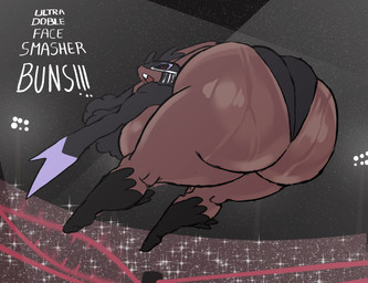 anthro big_breasts big_butt biped black_clothing bodily_fluids breasts brown_body butt clothed clothing dialogue female glistening glistening_body huge_breasts huge_butt huge_hips huge_thighs looking_back mask open_mouth pokemorph side_boob sweat sweaty_butt teeth text thick_thighs three-quarter_view wide_hips revifrry nintendo pokemon generation_4_pokemon lopunny pokemon_(species) english_text hi_res