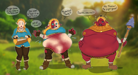 5_fingers basic_sequence belly big_breasts big_nose black_text blonde_hair blue_tongue boots braided_hair breast_expansion breasts brown_boots brown_clothing brown_footwear clothing color_change ear_piercing ear_ring erect_nipples expansion female fingers footwear hair hand_on_belly holding_melee_weapon holding_object holding_polearm holding_spear holding_weapon humanoid_pointy_ears intelligence_loss light_blush long_hair looking_at_viewer melee_weapon navel nipple_outline nipple_piercing nipples nose_expansion obese open_mouth overweight piercing pointy_ears polearm red_body red_skin ring_piercing round_nose screencap screencap_background shoes solo spear species_transformation speech_bubble spiral spiral_eyes standing teal_clothing teal_eyes teal_sclera teal_tongue teal_topwear text three_frame_image three_frame_sequence tongue topwear transformation transformation_sequence weapon opals breath_of_the_wild nintendo the_legend_of_zelda princess_zelda blin_(tloz) humanoid hylian moblin 2023 digital_drawing_(artwork) digital_media_(artwork) english_text hi_res sequence