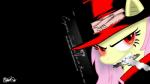 big_eyes black_background clothed clothing cosplay female fur glowing glowing_eyes gun hair hat headgear headwear looking_aside looking_at_viewer mouth_hold pink_hair ranged_weapon simple_background solo toony weapon year yellow_body yellow_fur skivel_(artist) friendship_is_magic hasbro hellsing my_little_pony alucard_(hellsing) flutterbat_(mlp) fluttershy_(mlp) equid equine horse mammal pony vampire 2014 dated digital_media_(artwork) signature