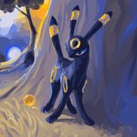 ambiguous_gender black_body black_fur blue_eyes detailed_background feral fur grass orb plant quadruped solo tree kiophen nintendo pokemon eeveelution generation_2_pokemon pokemon_(species) umbreon 1:1 digital_media_(artwork) digital_painting_(artwork)