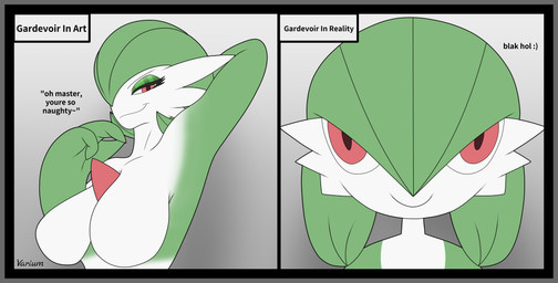 2_panel_comic breasts dialogue featureless_breasts female fingers hair looking_at_viewer master not_furry nude presenting red_eyes simple_background simple_eyes smile solo speech_bubble text white_background white_body conditional_dnp varium nintendo pokemon gardevoir generation_3_pokemon humanoid mammal pokemon_(species) comic digital_drawing_(artwork) digital_media_(artwork) english_text flat_colors hi_res meme