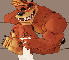 anthro big_feet black_claws black_eyebrows black_nose cheekbones claws clothing eyebrows facial_markings feet foot_focus footwear footwear_only head_markings lighter_feet long_muzzle long_tongue male manly markings mostly_nude muscular muscular_arms muscular_male muzzle_(marking) nude_male orange_body orange_skin raised_leg reclining removing_socks resting short_tail simple_background sitting small_tail smile socks socks_only soles solo tail tasmanian_tiger thick_eyebrows thick_soles tongue tongue_out yellow_eyes ravuer activision crash_bandicoot_(series) tiny_tiger dasyuromorph mammal marsupial recently_extinct_species thylacine absurd_res hi_res